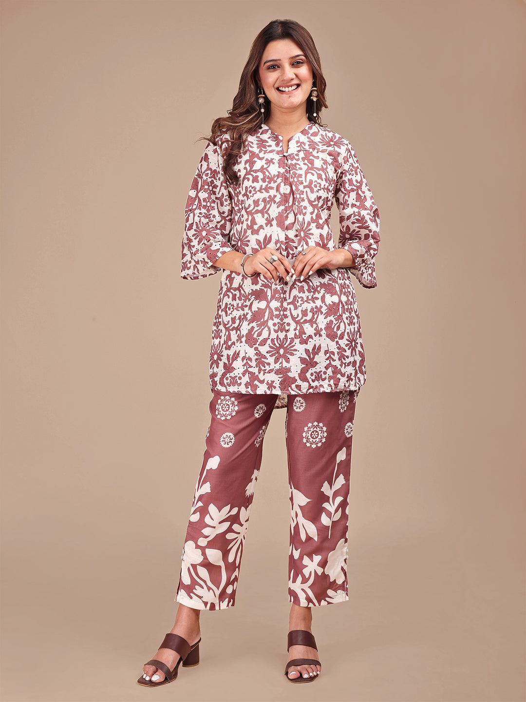 Camel Brown Colored Printed Hakoba Cotton Co-ord Set